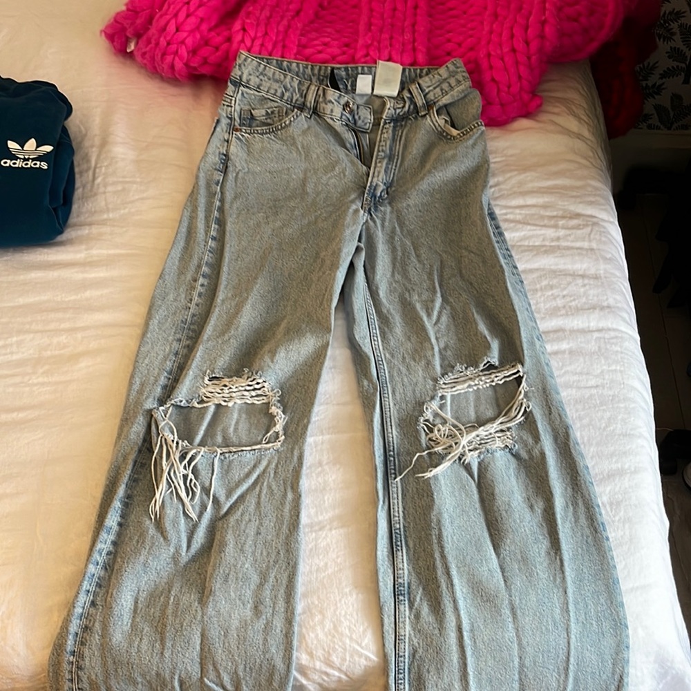 H&M wide legged ripped blue jeans
